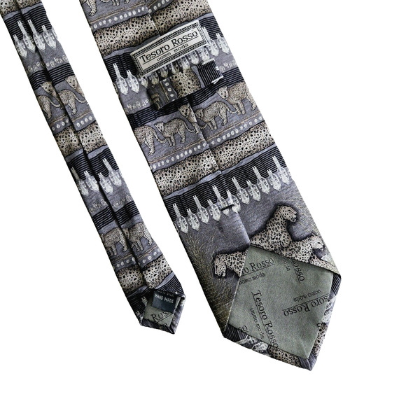 Vintage Tesoro Rosso Silk Tie Gray Leopard Cheetah Safari Aztec Tribal Jungle - Picture 4 of 9